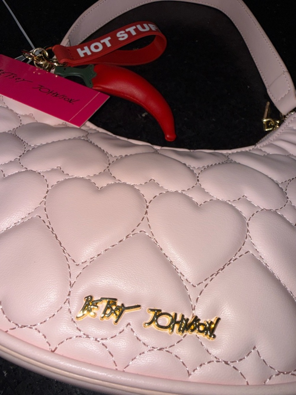 NEW Betsey Johnson Blush Pink Quilted Heart Shoulder Bag HOT STUFF CHILI PEPPER - Picture 5 of 11